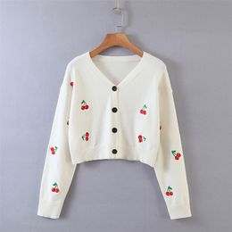 Sweet Cute Kawaii Pink Cherry Embroidery Women Autumn Knitted Cardigan Tops Chic V-neck Single-breasted Sweaters 201203