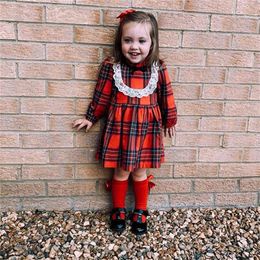 Girl Dress Fashion Plaid Shirt Dress lace splicing For Girls Party Dress Autumn England Clothes For Girls Christmas Year H30 210329