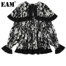 Women Black Big Size Ruffles Printing Blouse Lapel Long Sleeve Loose Fit Shirt Fashion Spring Summer 1DD6239 210512