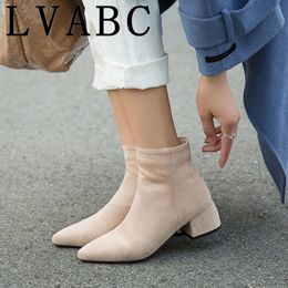 New Women Shoes High Heels Slip ankle boots winter Stretch socks boots elegant Square high heels shoes female Plus size 32 44 Y200115