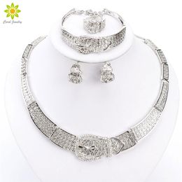 -Mujeres Plata/oro Dubai Africano Cz Diamante Diamante Austriaco Collar Collar de cristal Anillo de arete Joya de boda273B