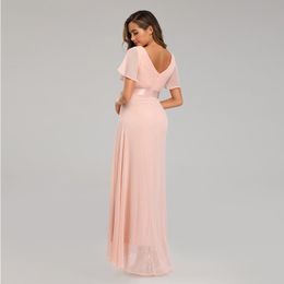 Short Sleeve Evening Dresses Elegant V-Neck Ruffles Chiffon Formal Prom Gown Party Dress Robe De Soiree 2022