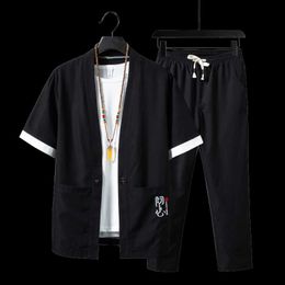 Men's Tracksuits Summer Men's Suit Cardigan Two-Piece Chinese Style Retro Tang Famous T-Shirt Pants Leisure Sets M-5XL TZ011Men's