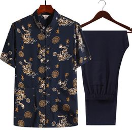 Men's Tracksuits Men's Cotton Short-sleeved Shirt Tang Suit Thin Chinese Tunic Loose Casual Hanfu Men Shirts Vestido Chino Tai ChiMen's