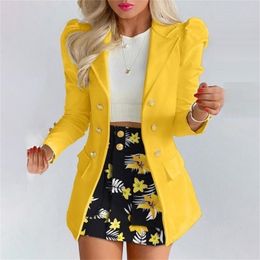 1 Set Women Blazer Solid Lapel Floral Print Skirt Two Piece Outfits conjuntos de falda 220801