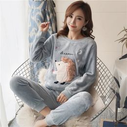 Autumn Winter Pyjamas Set Women Sleep Shirt & Pant Sleepwear Warm Flannel Nightgown Female Cartoon Bear Animal Pijamas 220329