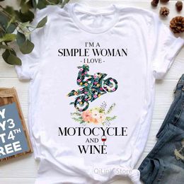 Im A Simple Woman I T Shirt Love Motorcycle And Wine Letter Print T-shirt Womens Clothing Watercolor Flowers Femme Streetwear