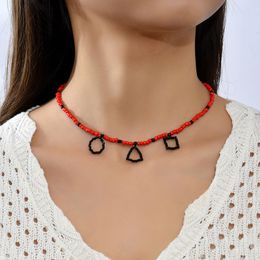Simple Geometric Square Round Triangle Chokers Necklaces For Women Girls Fashion Black Red Bead Handmade Beaded Necklace Jewelry