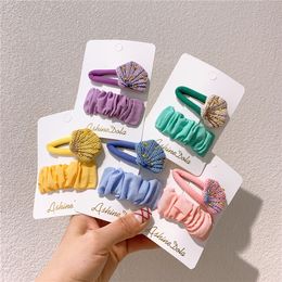 2 Pcs New Korean Sweet Girl Cute Wool Embroidery Shell BB Clip Fashion Children's Fabric Pleated Hairpin Hair Accessories