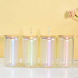 16oz iridescent glass tumblers with bamboo lid holographic sublimation mug laser colors frosted glasses cola beer can beverage DIY heat transfer cups fast shipping