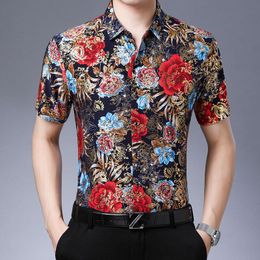 Men's Casual Shirts Gold Bronzing Silk For Mens Club Dress Unusual Clothes Luxury Large Size Stretch Flowers Blouse Holiday DressMen's