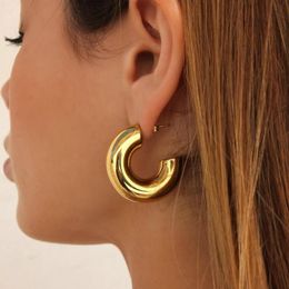 Hoop & Huggie Chubby Stainless Steel Earrings Flat 18k Gold Jewellery Waterproof Chunky Thick Hollow Circle Stud For WomenHoop HuggieHoop