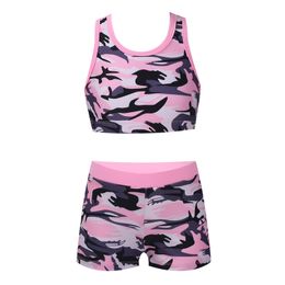 Kids Girls Two Pieces Swimsuit Sleeveless Tanks Bra Crop Top With Shorts Bottoms Set Dance Yoga Sports Suit Gymnastics Outfits 220620