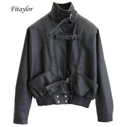 Fitaylor Harajuku Faux Leather jacket Batwing Sleeve Loose Biker Coat Casual Autumn Women PU Outwear Punk Bomber Jackets L220728