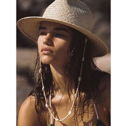 Cappelli a bordo largo 2022 Collana in rilievo spiaggia per donne paglia estiva con cinturino a catena genitore-figlio solare per bambini