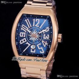 Vanguard Classic V45 A21J Automatic Mens Watch Rose Gold Blue Inner Dial White Big Number Markers Stainless Steel Bracelet Watches Puretime E2445d4