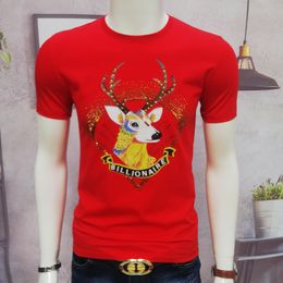 2022 Summer New Thin Men's T-Shirts Leisure Animation Cartoon Deer Design Rhinestone Design Short Sleeve Slim Round Neck Multicolor Youth Style Tees M-4XL