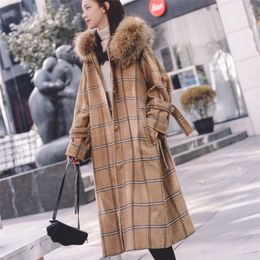 2020 Winter Popular Woolen Coat Women New Style Korean Retro Plaid Hooded Midlength Overtheknee Overcoat Ladies 16Q2 T200814