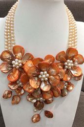 Chains 3rows White Freshwater Pearl And Orange Shell Flower Necklace 18inch FPPJChains