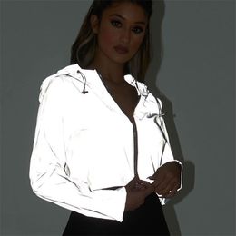 Reflective Jacket Women Flash Short Hooded Coats Night Glowing Short Jacket Zipper Women Reflective Hooded Jackets T200113