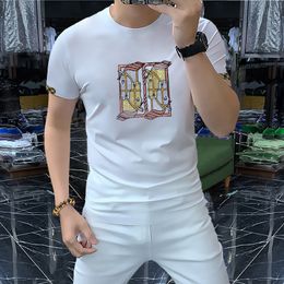 2022 Summer New Men's T-Shirts Heavy Craft Hot Drill Horse Head Embroidery Contrast Colour Cuff Design Short Sleeve Round Neck Slim Clothing Top Black White M-4XL