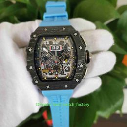 Hot Selling Top Quality Watches 50mm x 4mm RM11-03 Skeleton Carbon Fibre Blue Rubber Bands Transparent Mechanical Automatic Mens Men's Watch Wristwatches