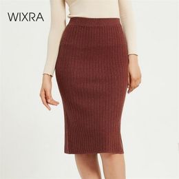 Wixra Womens Knitted Skirts Slim Solid Basic Ladies High Waist Knee-length Skirt Streetwear Autumn Winter 210315