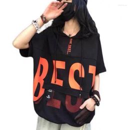 Women's T-Shirt Summer Fashion Women Short Sleeve Loose All-matched Casual Hooded Tee Shirt Femme Letter Print Tops Cotton XC113Women's Phyl