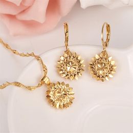 dubai gold pendants UK - Dubai Ethiopian Set Jewelry Necklace pendant Earring Girl Real 18 k Solid Yellow Fine Gold GF flower Europe Bridal Sets348S