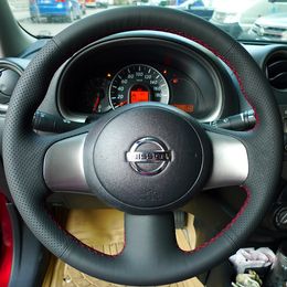 For Nissan Sunny Micra 2011-13 DIY Steering Wheel Cover Black Leather Hand Sewn Handle Cover