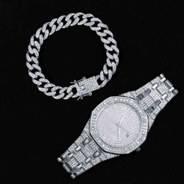 2022 Iced Out Watch Bracelet for Women Mens Watch New Big Gold Cuban Chain Hip Hop Jewellery Set Rhintone Gold Watch Men Miami