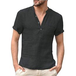 Men Linen Cotton Henley Shirts Casual Short Sleeve Hippie Button Up Beach T-Shirts