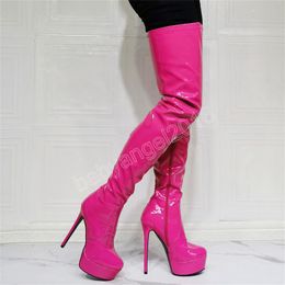 Handmade Women Unisex Winter Over Knee Boots Platform Patent Leather Side Zipper Stiletto Heel Round Toe Party Shoes