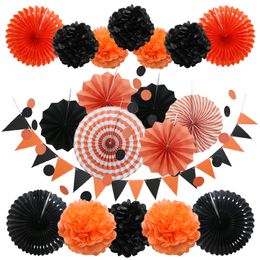 Party Decoration Halloween set 20pcs/set Black and Gold Hanging Paper Fans Paper pompom Triangle Bunting Flags for Happy Birthday Wedding Fiesta