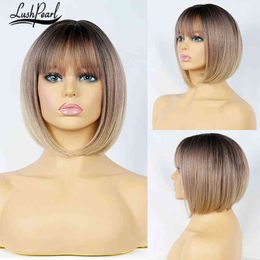 Ombre Blonde Short Straight Bob Wig With Bang Brown Orange Synthetic Daily Female Lolita Cosplay Hair Wigs for White/Black Woman 220525