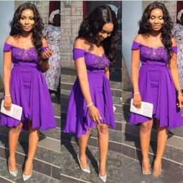 Purple Bridesmaid Dresses Lace Applique Off Shoulder Above Knee Chiffon Custom Made Floor Length Plus Size Maid Of Honour Gown Country Wedding Wear 403 403