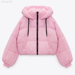 Women's Parkas Jackets Pink With Hooded Solid Long Sleeve Khaki Cropped Warm Coat Ladies Elegant Outwear Woman Jacket Winter TRF L220730