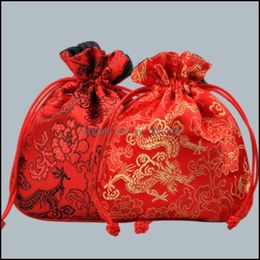 Jewelry Pouches Bags Packaging Display Cute Chinese Style Embroidery Dragon Pouch Dstring Bag Dhj83