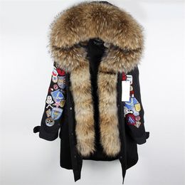 MaoMaoKong X-Long Embroidery Large real Fur Hooded Parkas Coat natural Fur women Military Jacket 201126