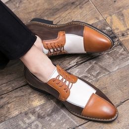 Spring Men PU Leather Stitching British Formal Shoes Lace Up Breathable Business Casual Low Heel Classic Comfort
