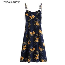 French Summer Navy Blue Floral Print Bandage Spaghetti Strap Midi Dress Retro Sexy Women Lacing Up Sling Slit Vestido 220511