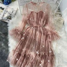 2021 New Female O neck Stars Sequined Mesh Shiny Fairy Dress Women Elegant Bling Gauze Princess Puff Dresses Vestidos De Fiesta 210322