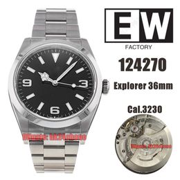 EWF Top Quality Watches 124270 36mm 904L SS Cal.3230 Automatic Mens Watch Black Dial Stainless Steel Bracelet Gents Wristwatches