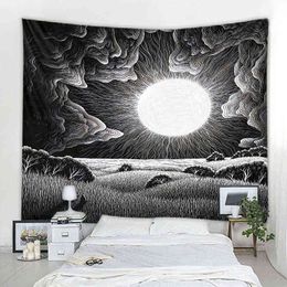 Sun Moon Mandala Bohemian Tapestry Home Background Decorative Black and White Landscape Illustration J220804