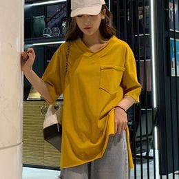 Women's T-Shirt 2022 Korean Women T Shirt V-Neck Short Sleeve Tshirt Loose Solid Tops Cotton Casual Tee Split Hem Femme Streetwear