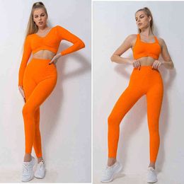 Pc Ribbed Yoga Set For Women Seamless Gym Fitness Sport Outfit Long Sleeve Workout Clothing Fitnesss Sportwear Woman J220706