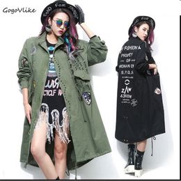 Punk rivet trench badge applique windbreaker letter print outerwear female long design loose punk army green Plus size coat S20 201030