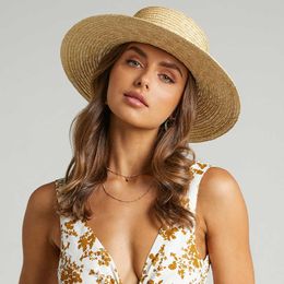 Wide Brim Boater Hat 5CM 7CM 9CM Straw Flat Women Summer Black Ribbon Sun Casual Beach