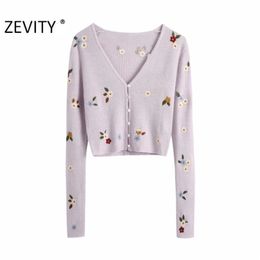 Zevity women fashion v neck flower embroidery cardigan knitting sweater ladies long sleeve casual sweaters chic tops S402 201224
