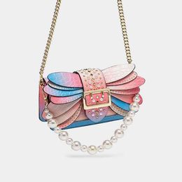 Butterfly Bag Women Pearl Portable Shoulder Bag Leather Personalized Messenger Rivet Chain Small Square Bag 220617